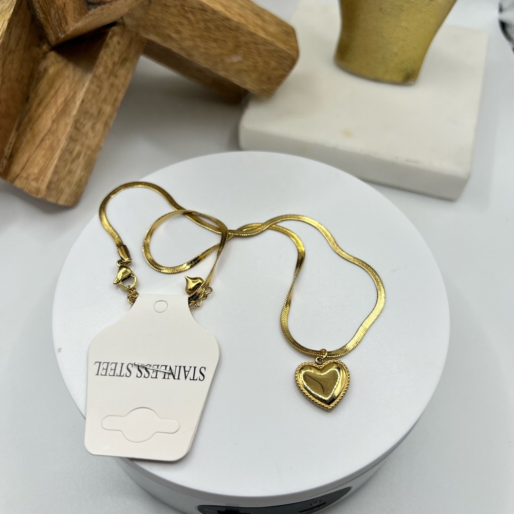 Gold Plated Stainless Steel Herringbone Chain W/ Heart "Love You More" NEW